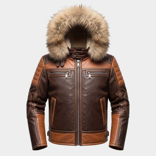 Men's Sheepskin Leather Biker Jacket with Faux Fur Hood front view by Jackets Kingdom
