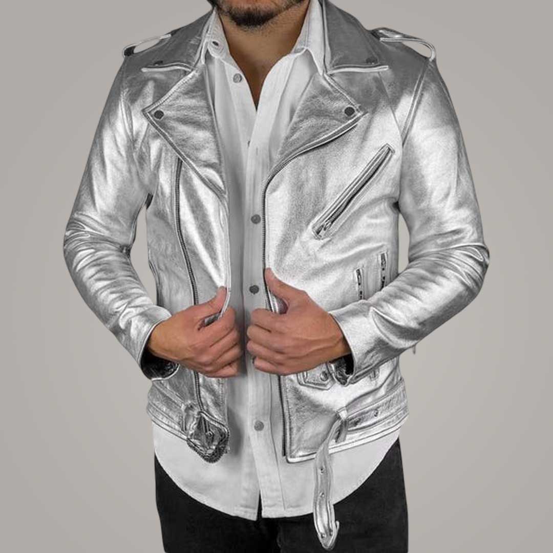 Men's Silver Italian Leather Biker Jacket Metallic Finish
