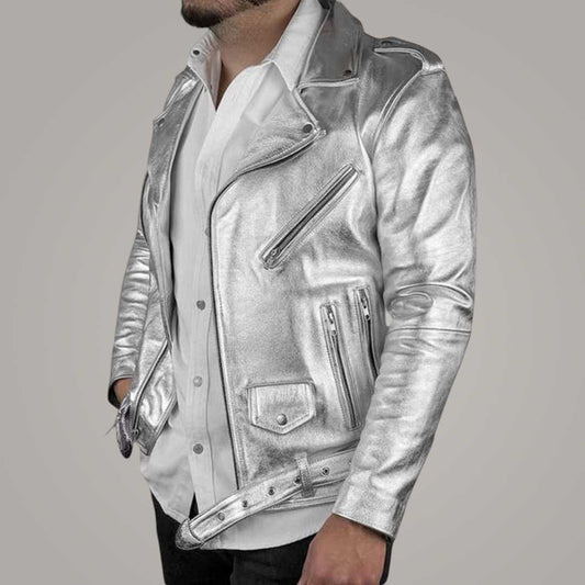 Men's Silver Italian Leather Biker Jacket Metallic Finish
