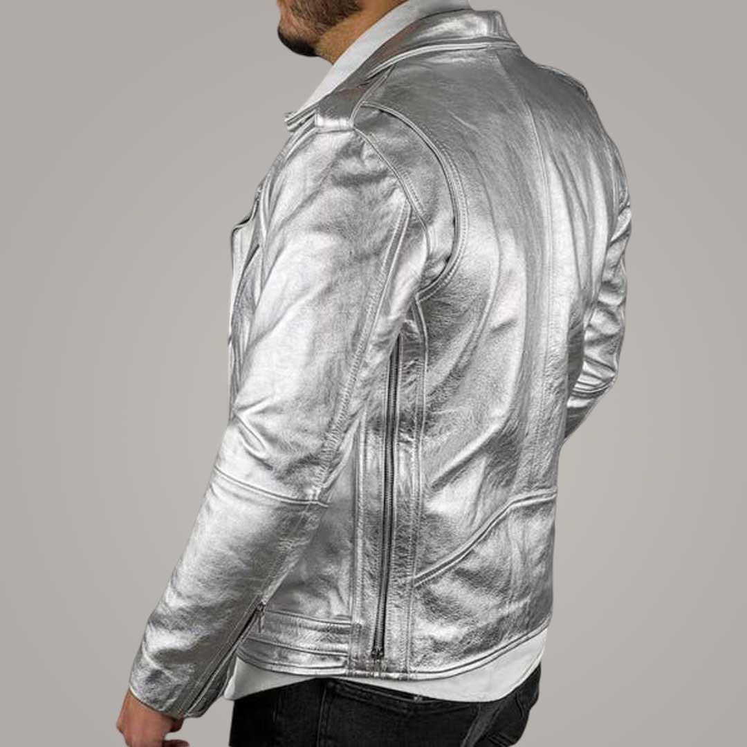 Men's Silver Italian Leather Biker Jacket Metallic Finish