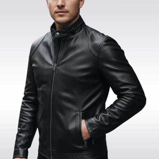 Men's Slim Fit Black Leather Moto Jacket with Zip Cuffs
