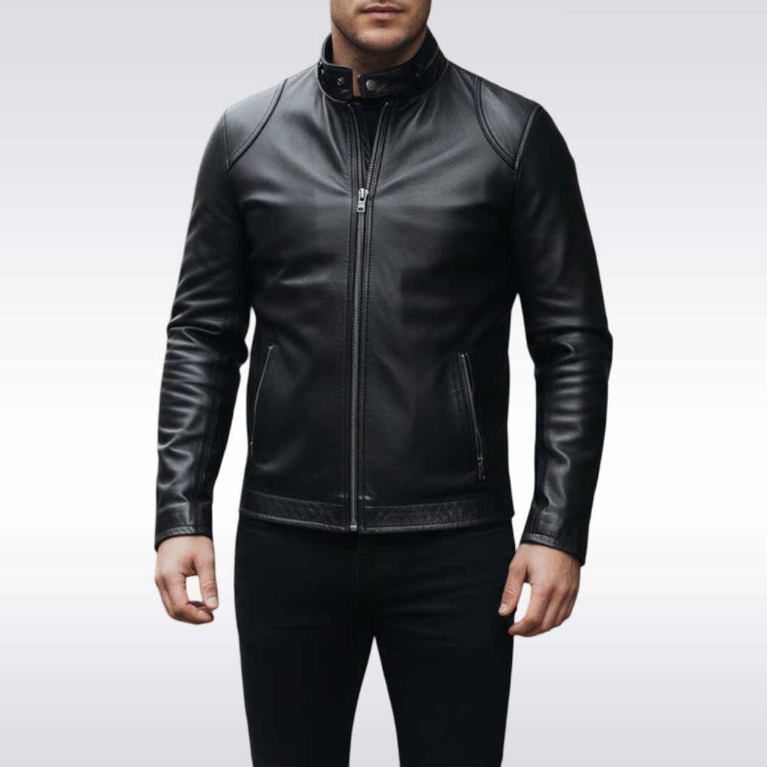 Men's Slim Fit Black Leather Moto Jacket with Zip Cuffs