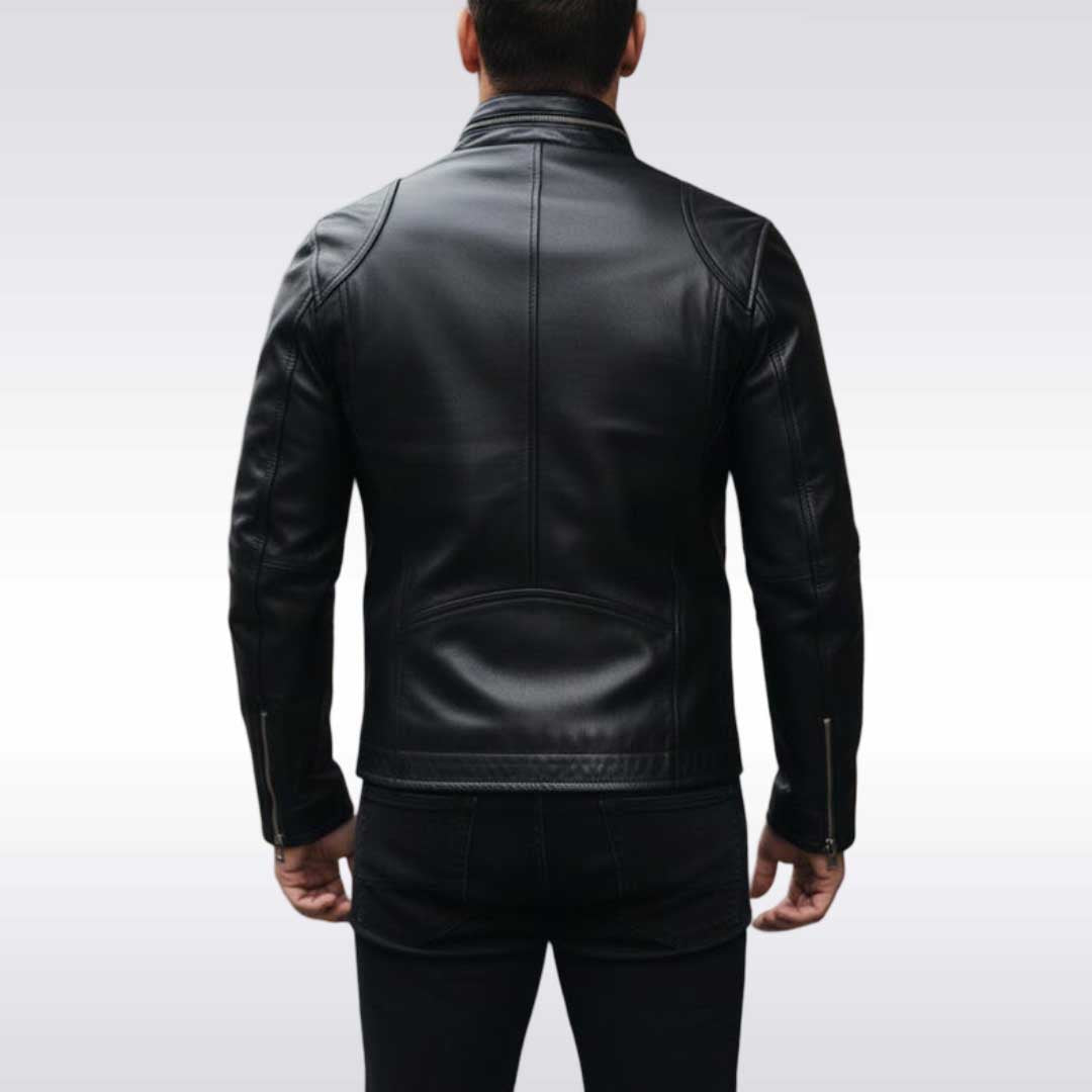 Men's Slim Fit Black Leather Moto Jacket with Zip Cuffs