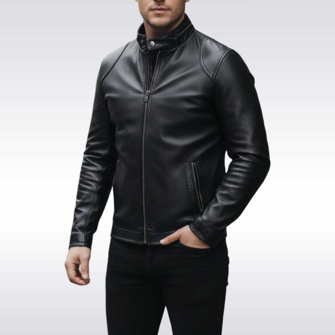Men's Slim Fit Black Leather Moto Jacket with Zip Cuffs