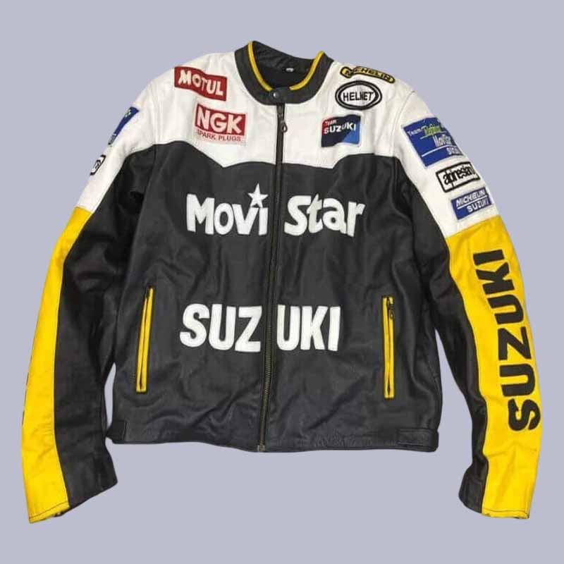 Men's Suzuki Movistar blue cowhide leather racing jacket front view with CE armor
