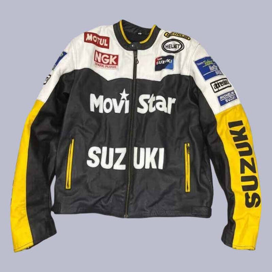 Men's Suzuki Movistar blue cowhide leather racing jacket front view with CE armor