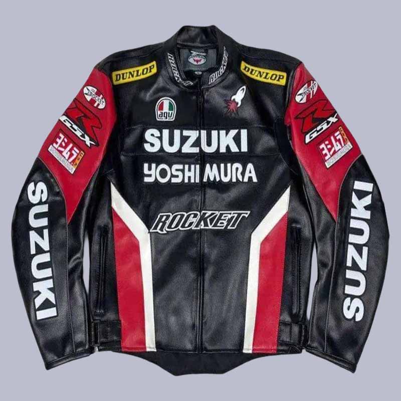 Men's Suzuki Rocket GSXR black cowhide leather biker jacket front view with CE armor