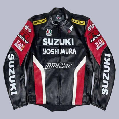 Men's Suzuki Rocket GSXR black cowhide leather biker jacket front view with CE armor