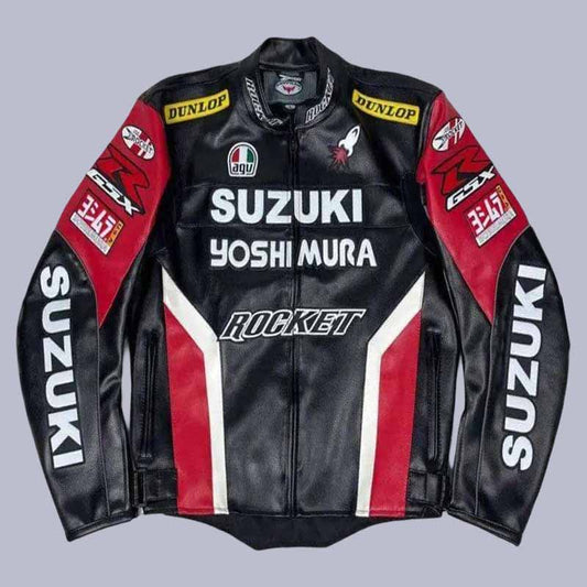 Men's Suzuki Rocket GSXR black cowhide leather biker jacket front view with CE armor