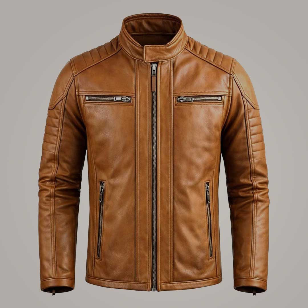 Men's Tan Quilted Leather Biker Jacket Slim Fit