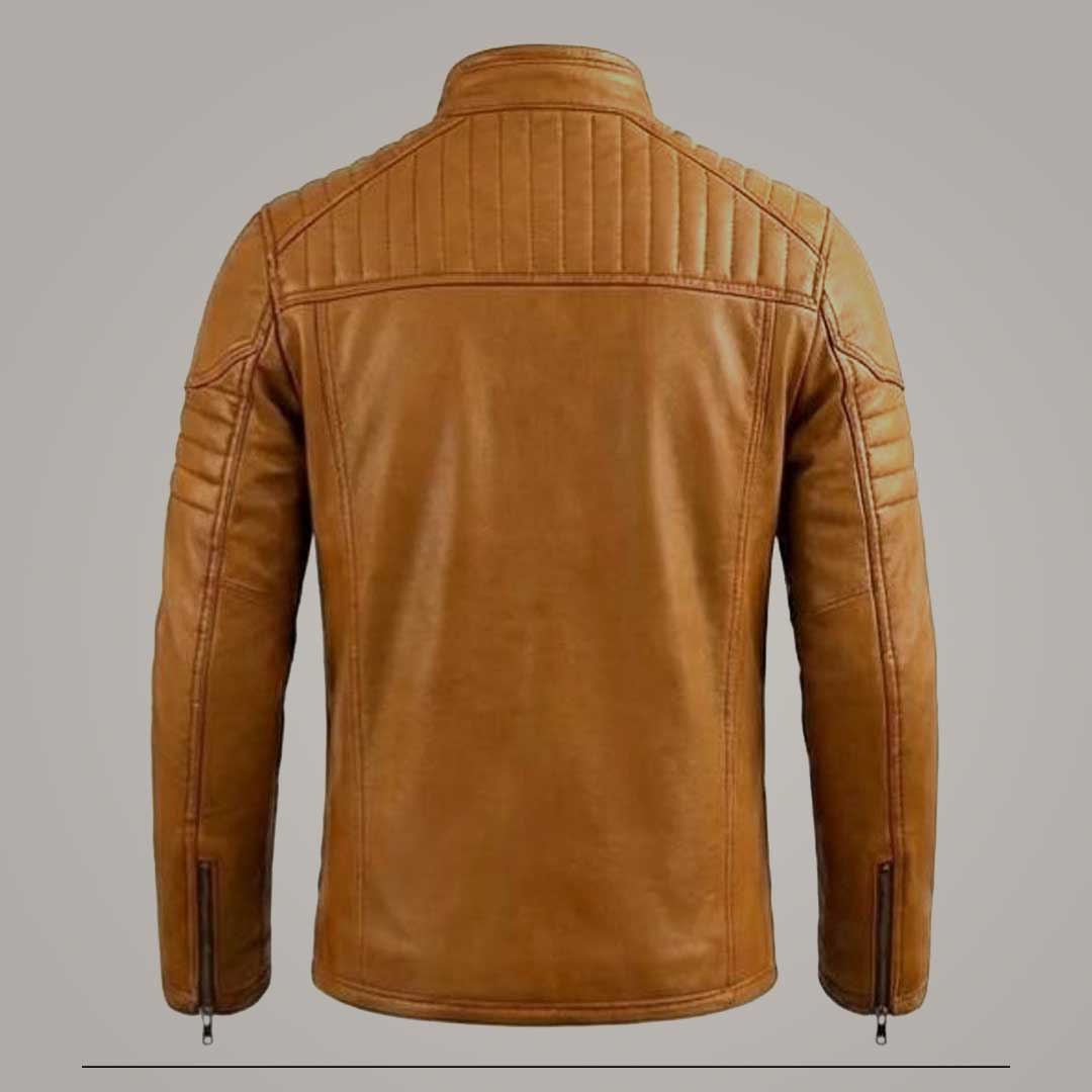 Men's Tan Quilted Leather Biker Jacket Slim Fit
