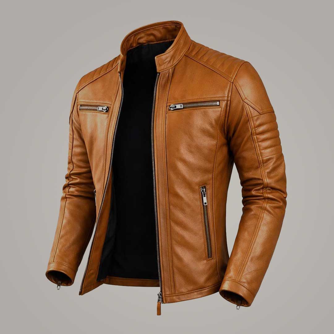 Men's Tan Quilted Leather Biker Jacket Slim Fit