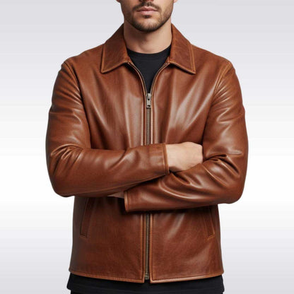Men's Vintage Brown Leather Bomber Jacket Classic Outerwear