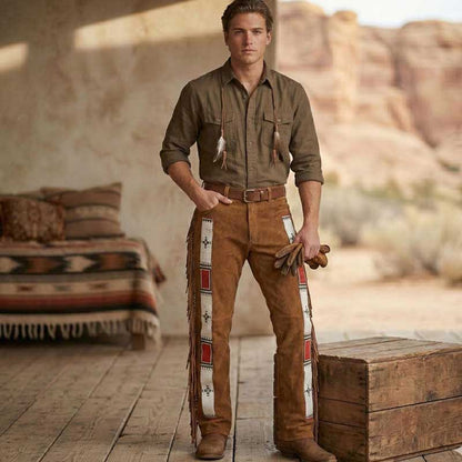 Men's Western rodeo trousers in natural tan suede with frontier-style fringe details
