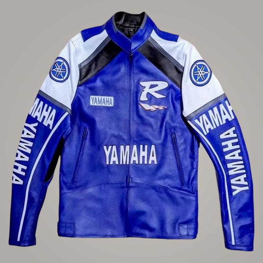 Men's Yamaha Blue Leather Motorcycle Racing Jacket Front View by Jackets Kingdom