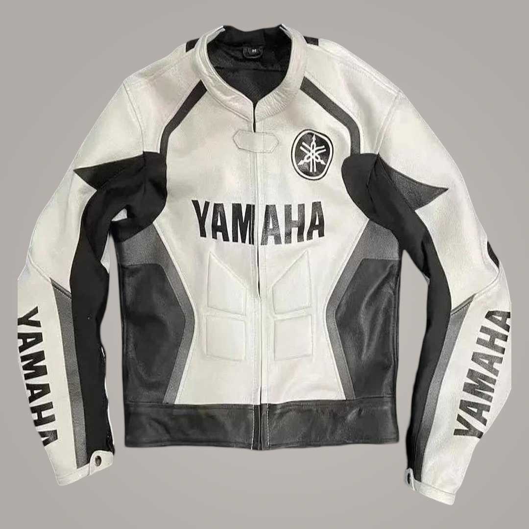 Men's Yamaha White and Black Leather Motorcycle Jacket with Protective Padding Front View by Jackets Kingdom