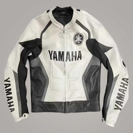 Men's Yamaha White and Black Leather Motorcycle Jacket with Protective Padding Front View by Jackets Kingdom