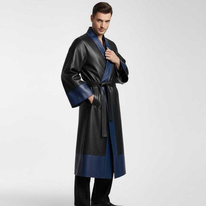 Men's anime inspired leather coat with adjustable waist belt by Jackets Kingdom