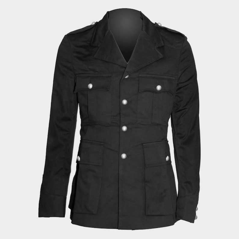 Men's black Gothic military officer coat with structured fit by Jackets Kingdom