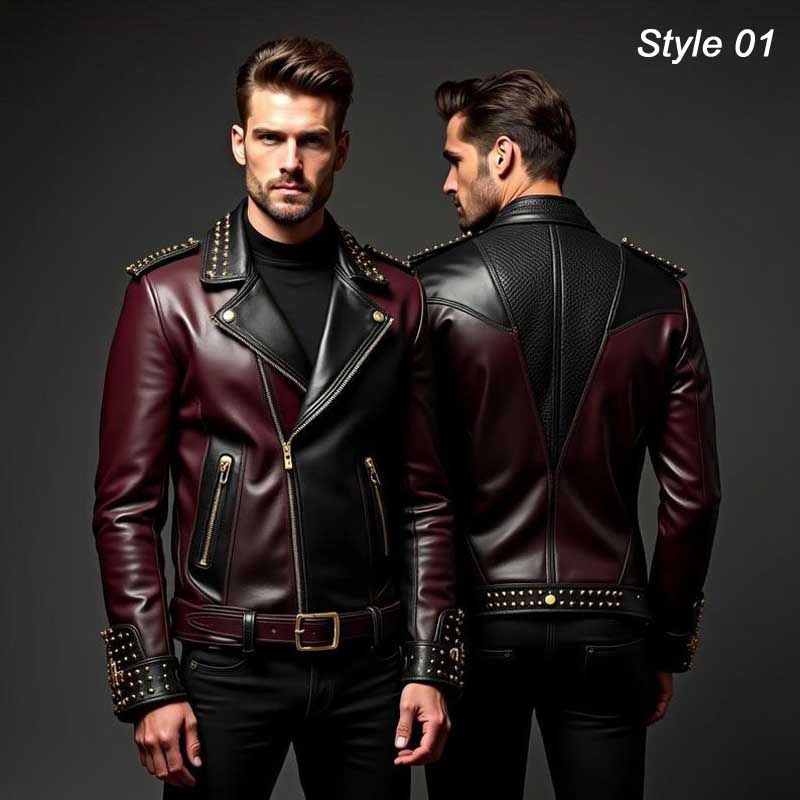 Men's black and burgundy leather moto jacket with color-block panels and gold-tone hardware