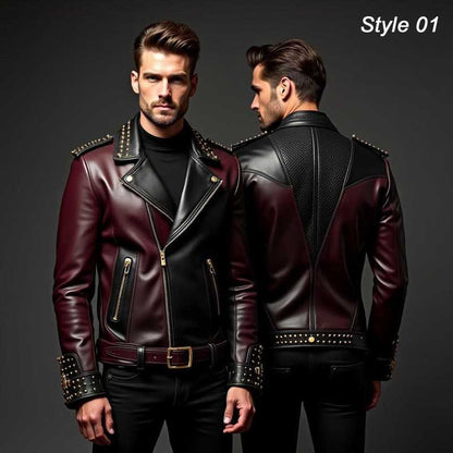 Men's black and burgundy leather moto jacket with color-block panels and gold-tone hardware