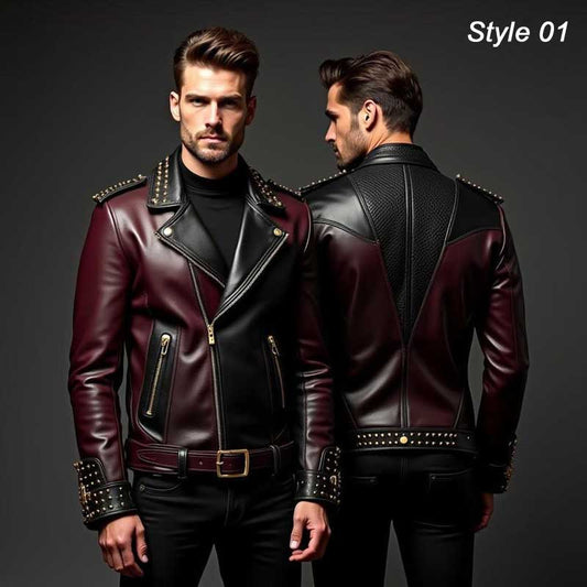 Men's black and burgundy leather moto jacket with color-block panels and gold-tone hardware