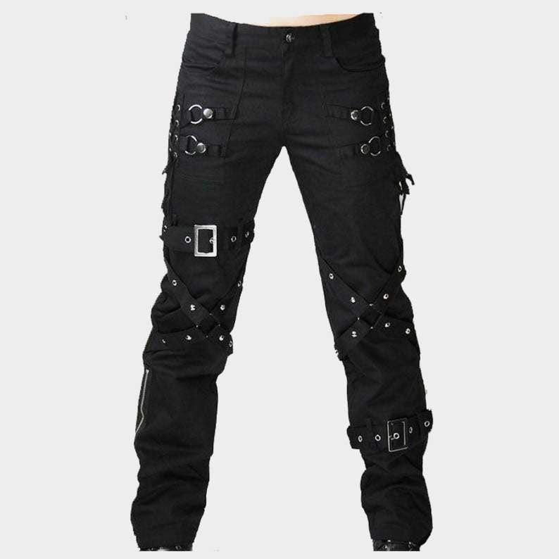 Men's black cyberpunk Morte pants with buckles and chains by Jackets Kingdom