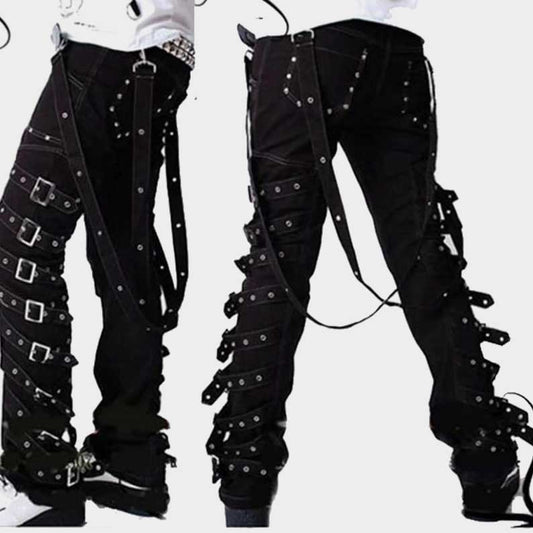 Men's black gothic pants with rock buckle and D ring details by Jackets Kingdom