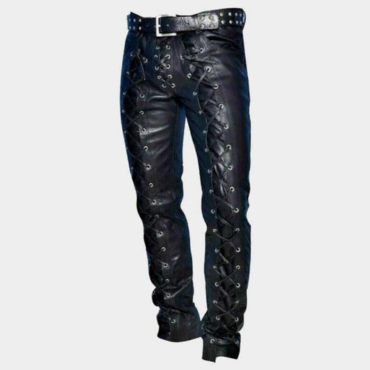 Men's black lace up leather pants with gothic steampunk styling and side lacing by Jackets Kingdom