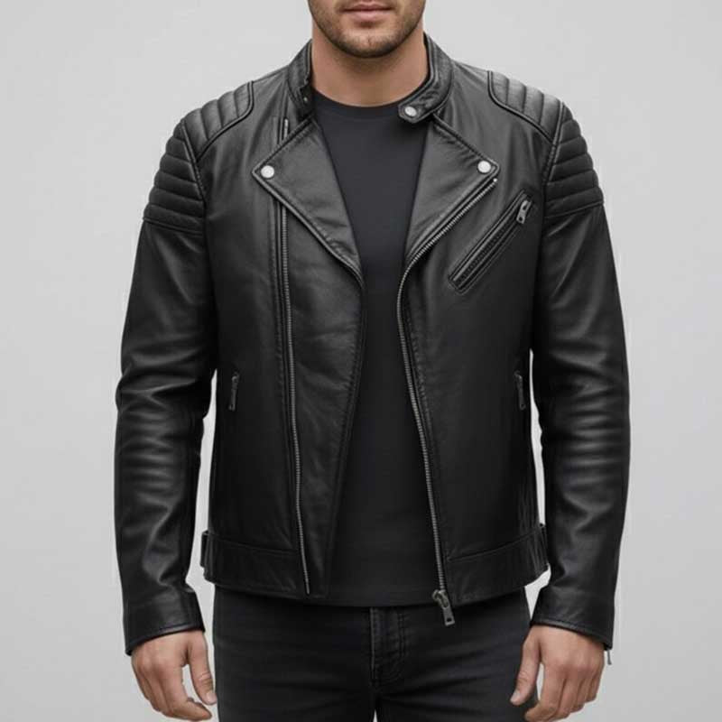 Men's black leather biker jacket with asymmetrical zip closure and snap-button collar