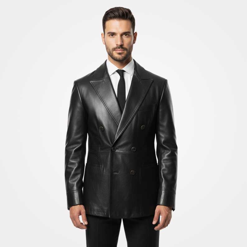 Men's black leather blazer in premium lambskin slim fit by Jackets Kingdom