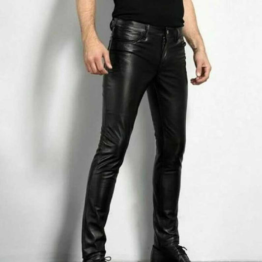 Men's black leather pants with front zipper closure and four pockets by Jackets Kingdom