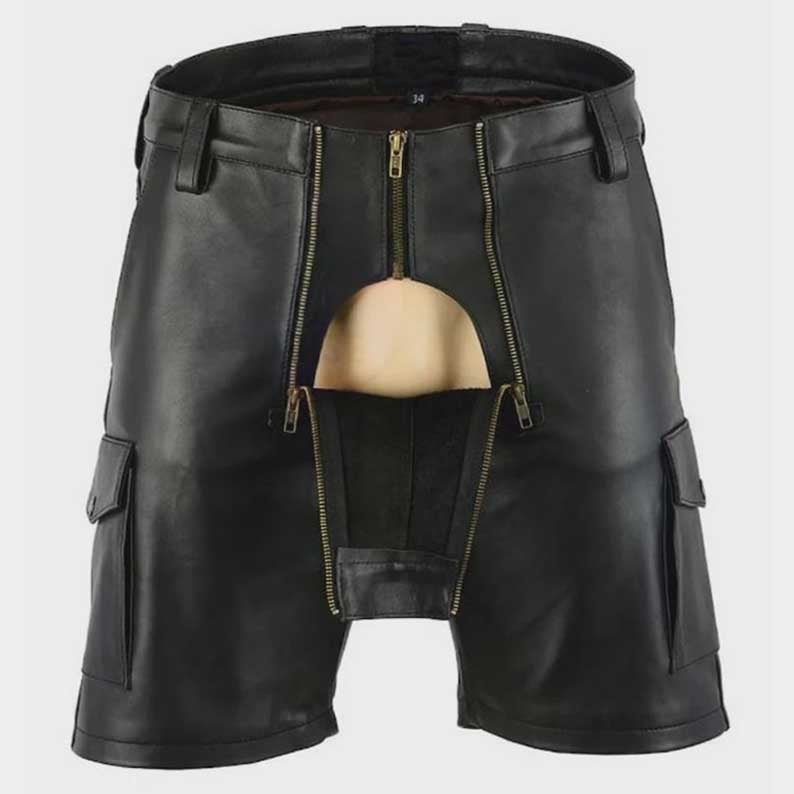 Men's black leather utility shorts with multiple pockets and zip closure by Jackets Kingdom
