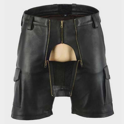 Men's black leather utility shorts with multiple pockets and zip closure by Jackets Kingdom