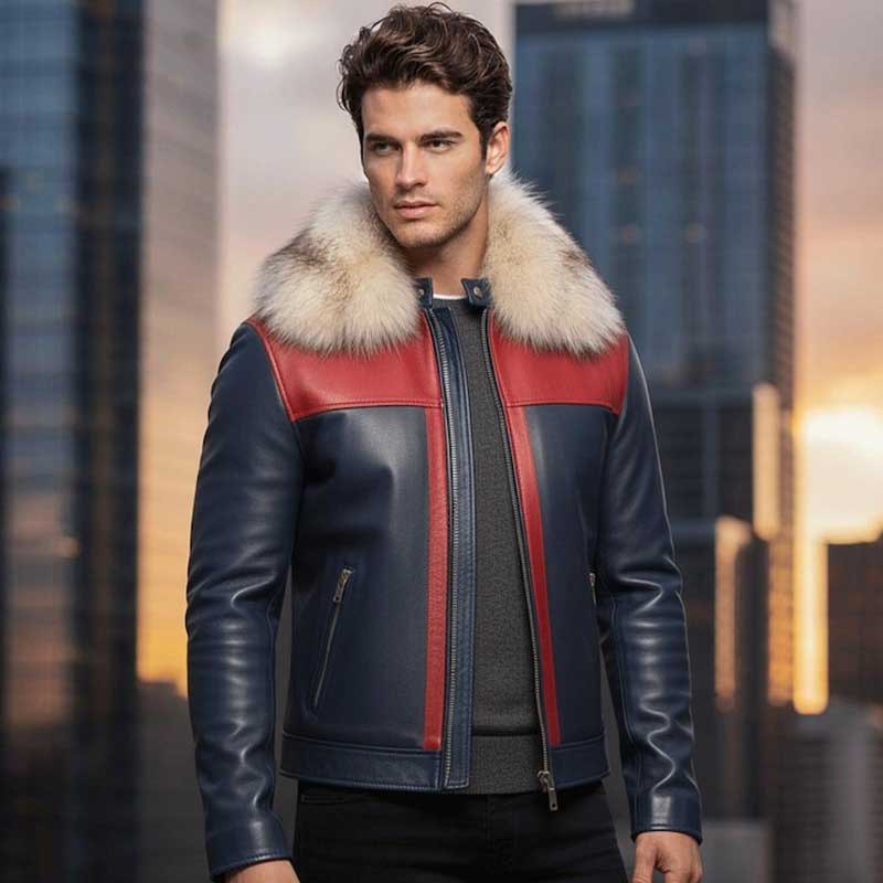 Men's blue shearling lined leather jacket with luxurious blue fox fur collar and adjustable waist