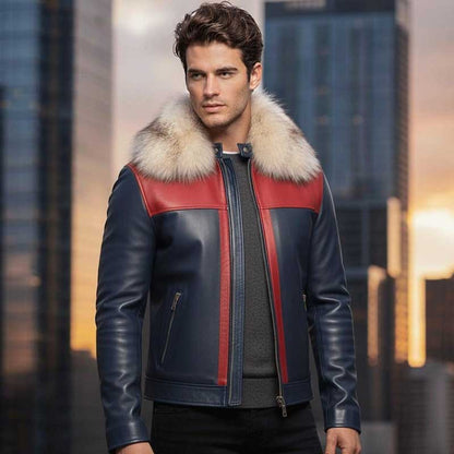 Men's blue shearling lined leather jacket with luxurious blue fox fur collar and adjustable waist