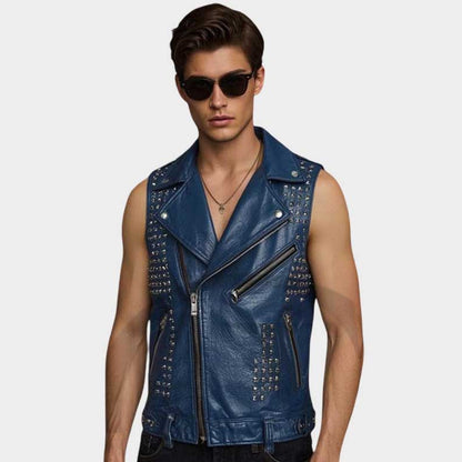 Men's blue studded leather vest with heavy silver metal embellishments and biker styling by Jackets Kingdom