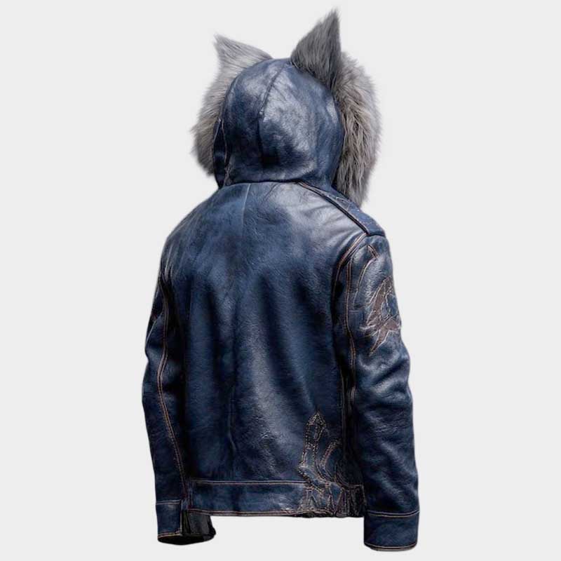 Men's blue wolf ear leather jacket with luxurious fur hood and realistic animal ears