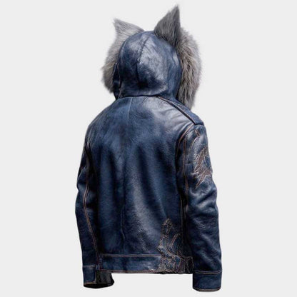 Men's blue wolf ear leather jacket with luxurious fur hood and realistic animal ears