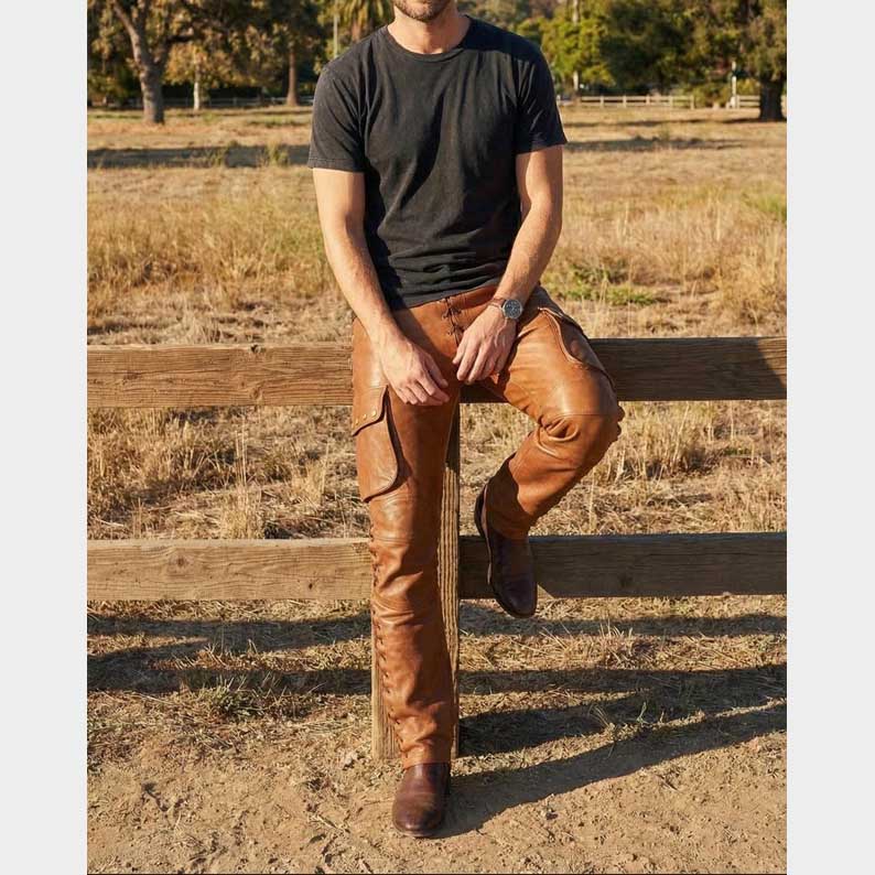 Men's brown biker cargo leather pants with front zipper closure and four functional pockets for western style by Jackets Kingdom