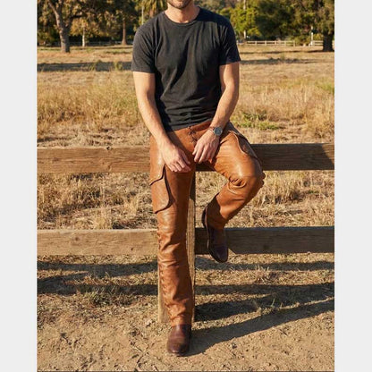 Men's brown biker cargo leather pants with front zipper closure and four functional pockets for western style by Jackets Kingdom
