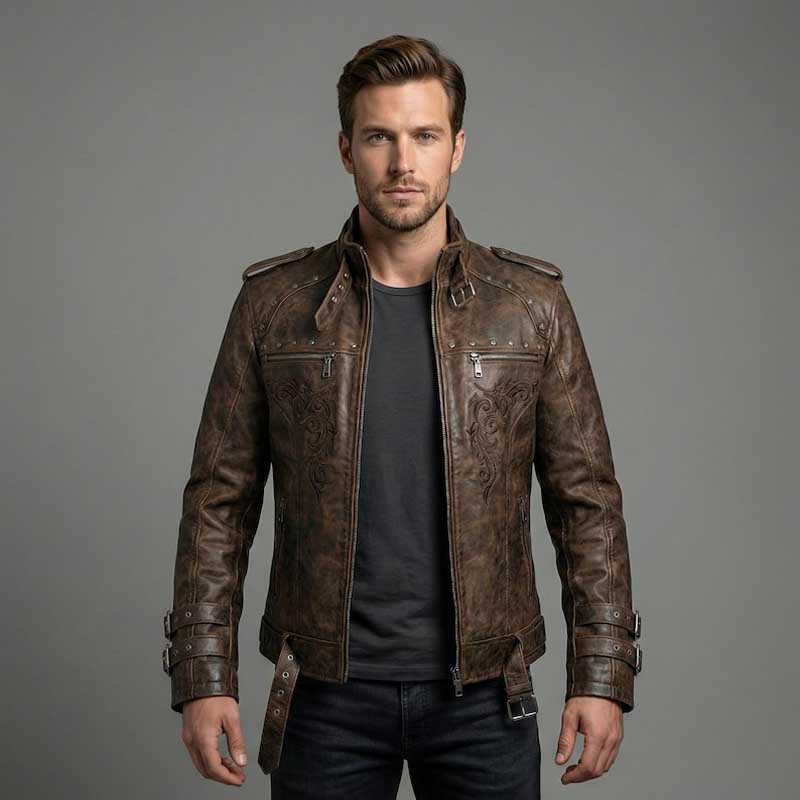 Men's brown gothic embroidered leather jacket with long silhouette and steampunk design