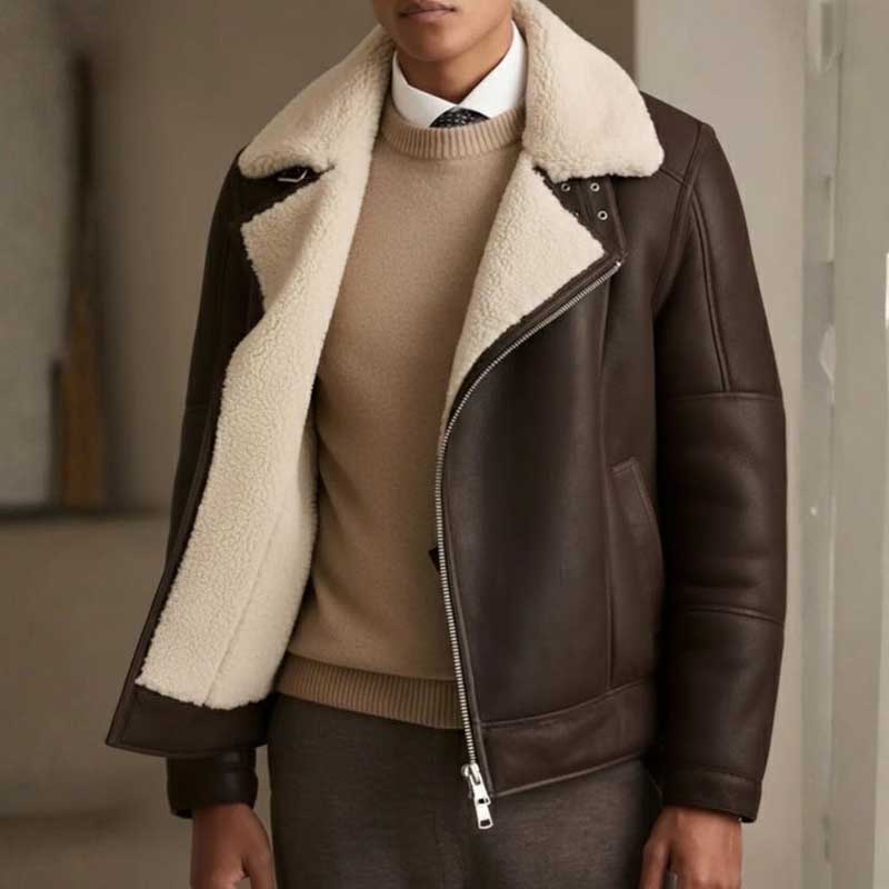Men's brown leather B3 bomber shearling aviator jacket with thick fur lining and collar
