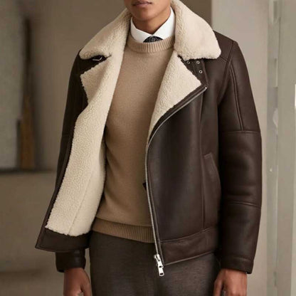 Men's brown leather B3 bomber shearling aviator jacket with thick fur lining and collar