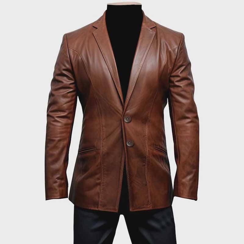 Men's brown leather blazer genuine cowhide classic fit front view tailored jacket
