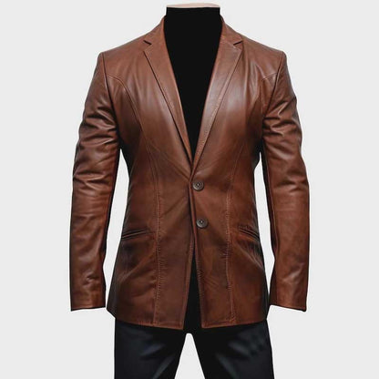 Men's brown leather blazer genuine cowhide classic fit front view tailored jacket