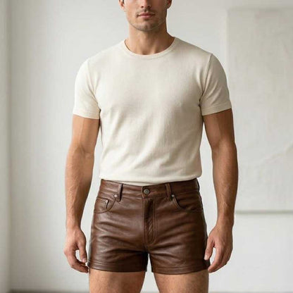 Men's brown leather shorts slim fit with button closure and belt loops by Jackets Kingdom