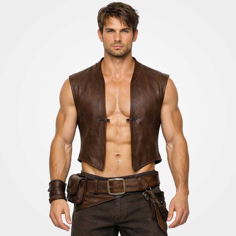 Men's brown sheep leather bar vest with front closure by Jackets Kingdom