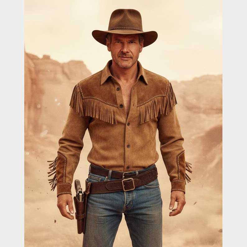 Men's brown suede leather fringe jacket with western cowboy detailing by Jackets Kingdom