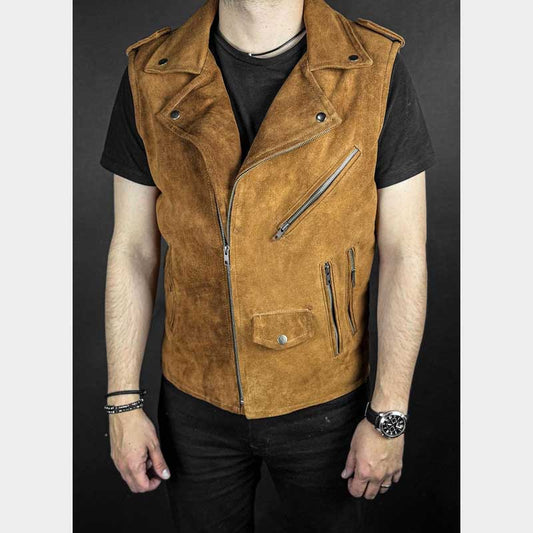 Men's brown suede leather western cowboy vest front view with button closure by Jackets Kingdom